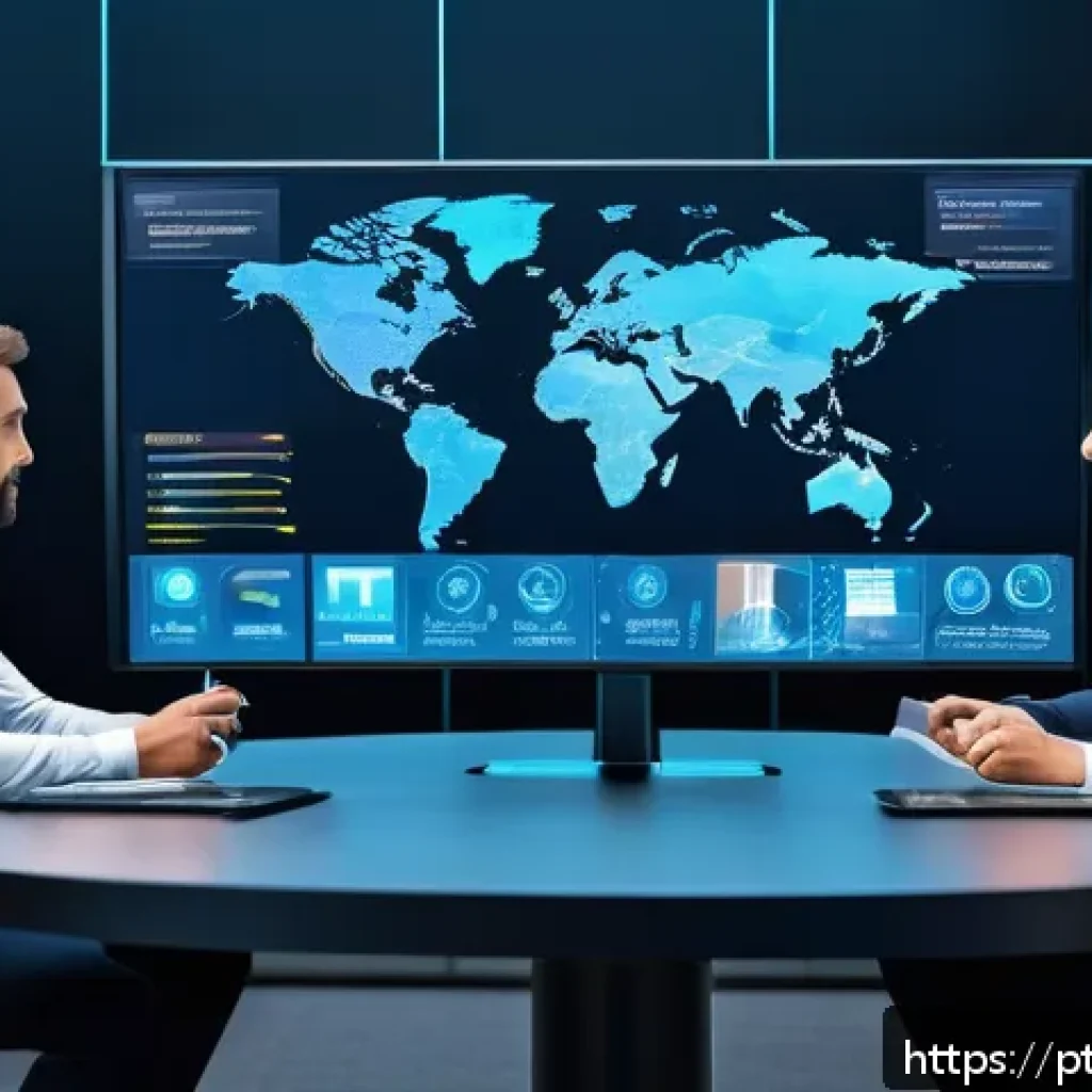 지능형 위협 탐지 시스템의 커뮤니케이션 전략 - A modern corporate office setting featuring a diverse team of cybersecurity professionals engaged in...