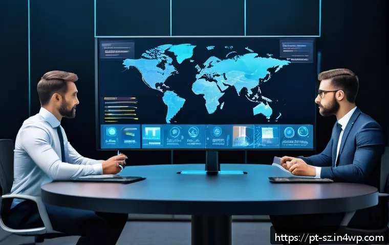 지능형 위협 탐지 시스템의 커뮤니케이션 전략 - A modern corporate office setting featuring a diverse team of cybersecurity professionals engaged in...
