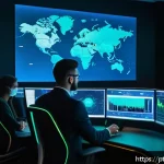 Home 23 위협 탐지 시스템에서의 인공지능 활용 사례 - A futuristic cybersecurity control room with diverse professionals monitoring multiple large digital...