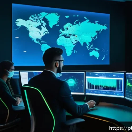 Home 17 위협 탐지 시스템에서의 인공지능 활용 사례 - A futuristic cybersecurity control room with diverse professionals monitoring multiple large digital...