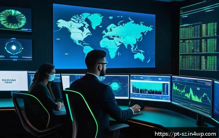위협 탐지 시스템에서의 인공지능 활용 사례 - A futuristic cybersecurity control room with diverse professionals monitoring multiple large digital...